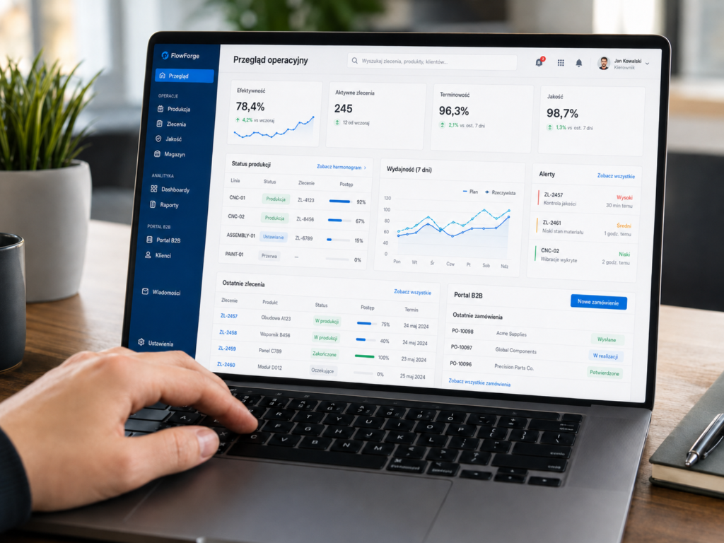 Panel aplikacji webowej dla firmy z dashboardem KPI, statusem produkcji i portalem B2B